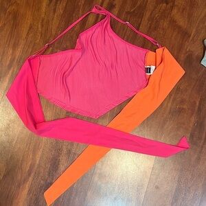 size medium pink and orange triangle back crop top that wraps in front